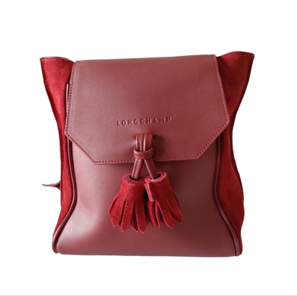 Longchamp Burgundy Suede & Leather Tassel Backpack
